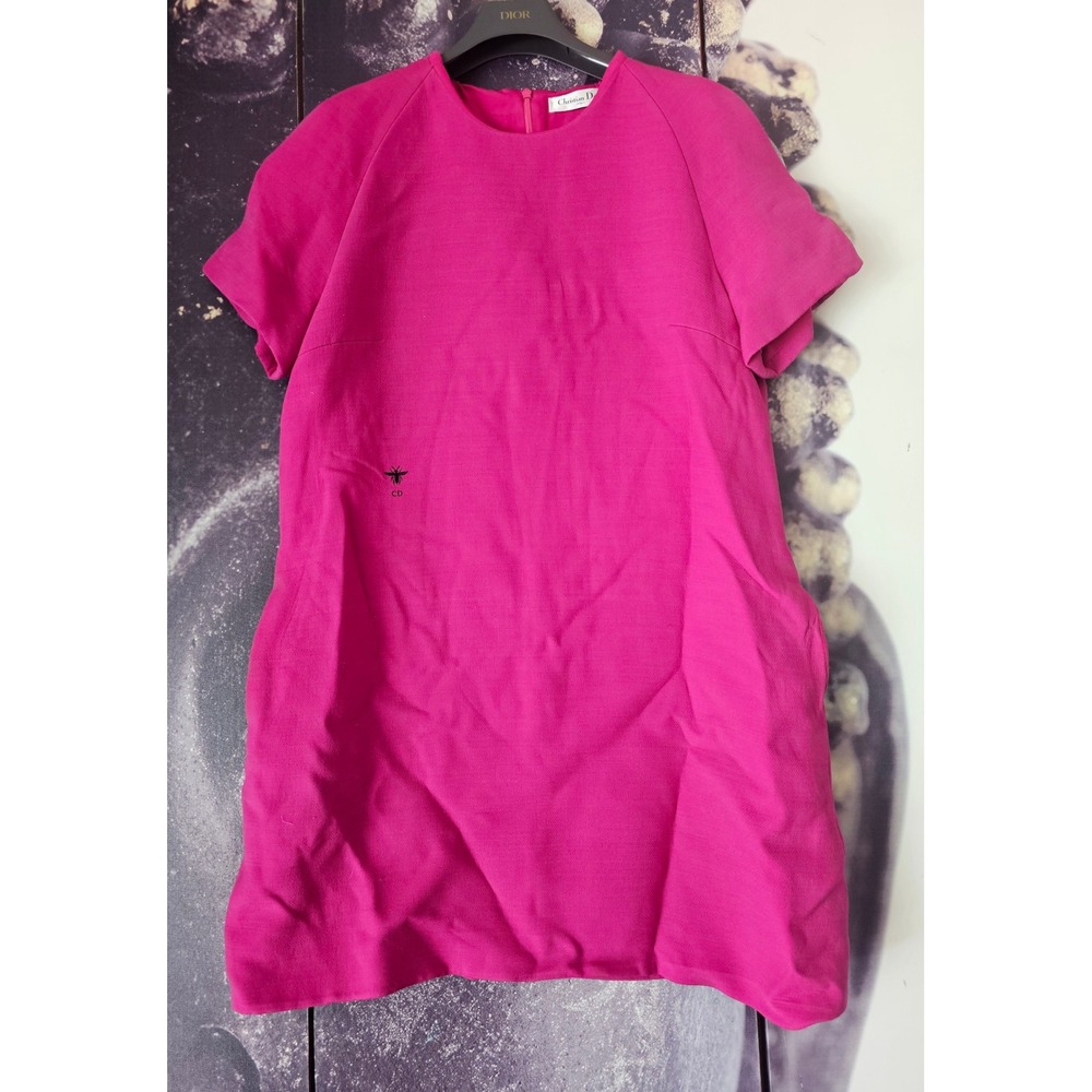 Christian Dior Paris Pink Wool Blend Bee Embroidered Shift Dress Size 14 TP01